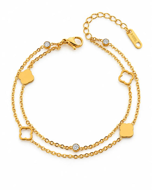 Arielle goldenes zweireihiges Kleeblatt Armband mit Zirkonia aus Edelstahl