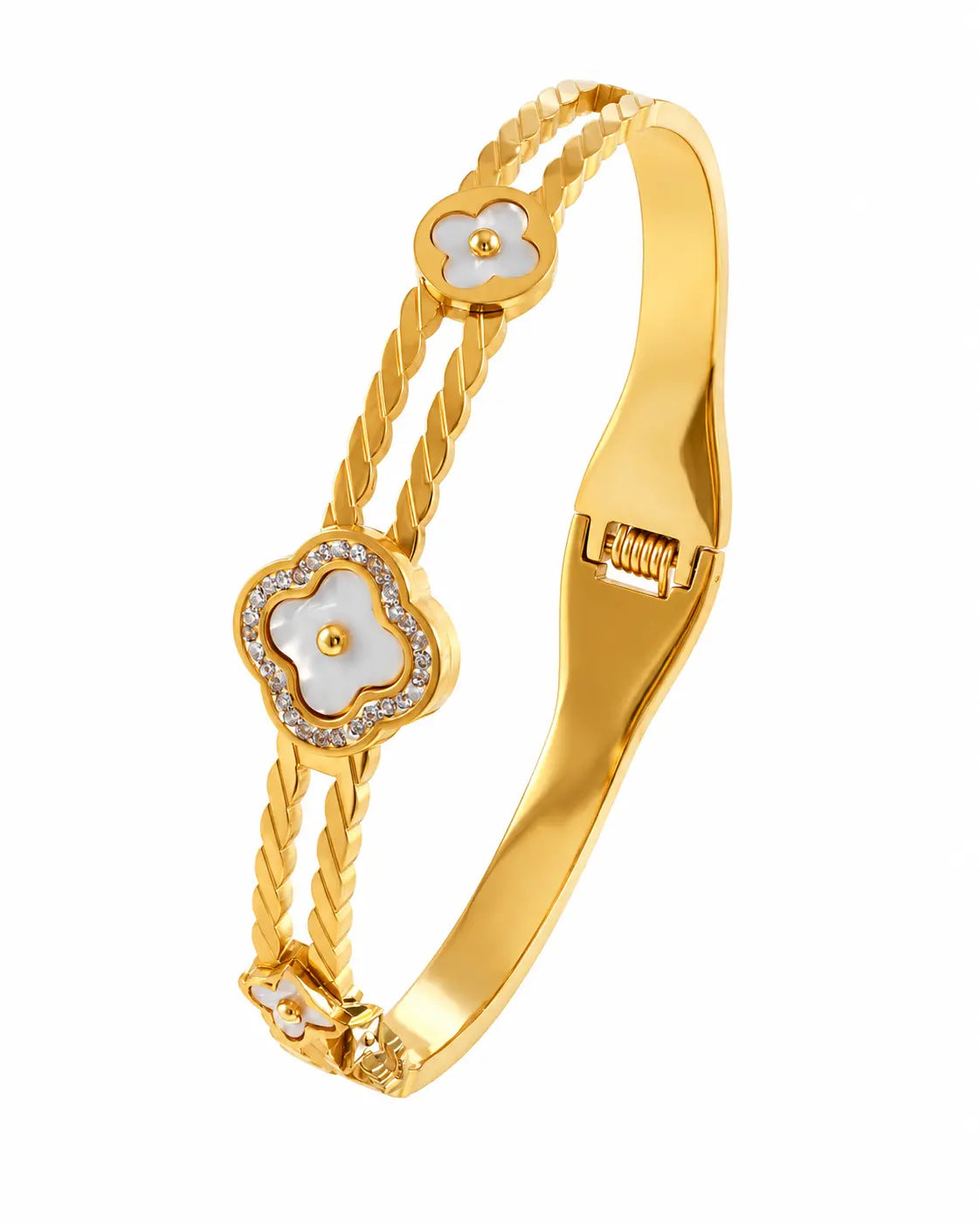 Aveline goldener Perlmutt Blumen Armreif mit Zirkonia und Twist Design