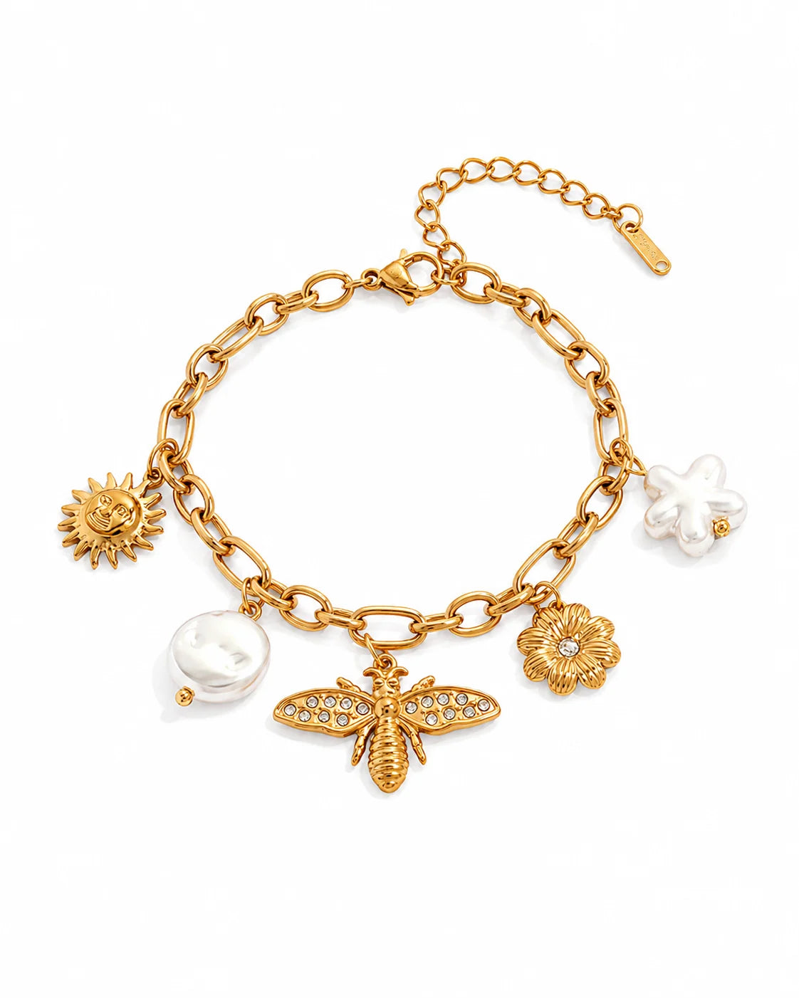 Biene Charm Armband aus 18K vergoldetem Titanstahl mit Sonnen-, Bienen-, Blumen- und Perlen-Anhängern an einer Gliederkette