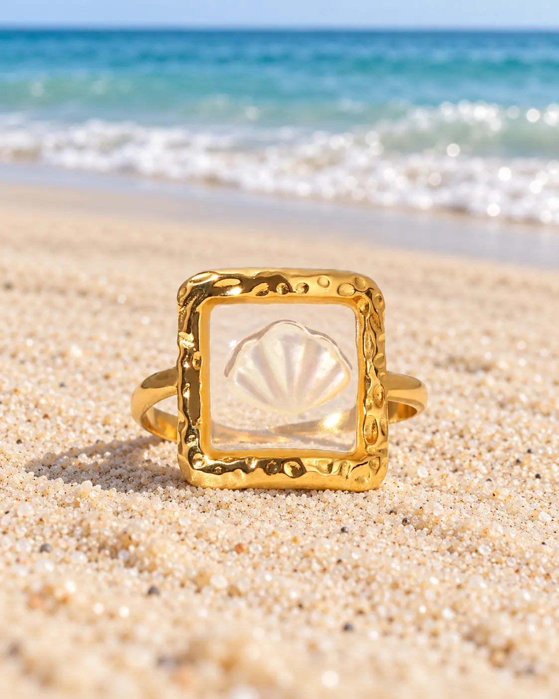 Goldener Perlmutt Muschel Ring mit transparentem Harz und rechteckigem Rahmen