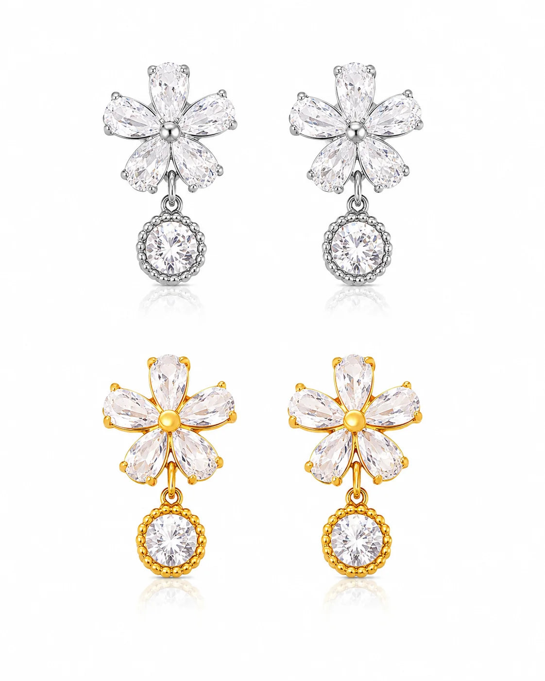 Detaillierte Celia's Golden Blossom Ohrstecker aus 18K vergoldetem Titanstahl mit funkelnden Zirkonia-Blütenblättern