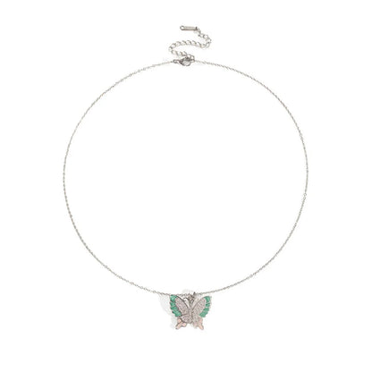 Silberne Titanstahl-Halskette "Chloe" mit Schmetterlings-Anhänger, grüner und rosa Emaille sowie Zirkonia-Steinen