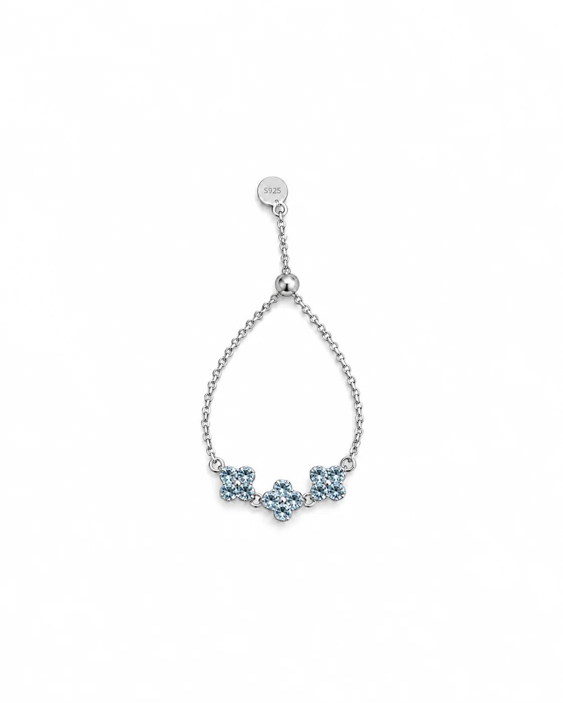 925 Silber Kettenring mit Zugverschluss und blauen Kleeblättern