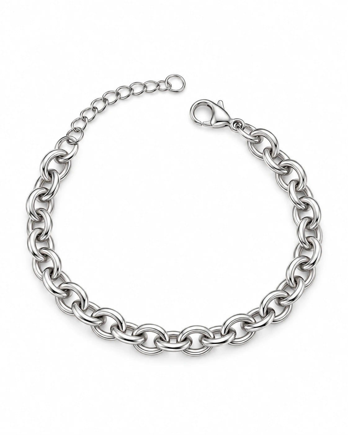 Silberfarbenes Clara Gliederarmband aus Edelstahl mit ovalen Kettengliedern, Karabinerverschluss und Verlängerungskette