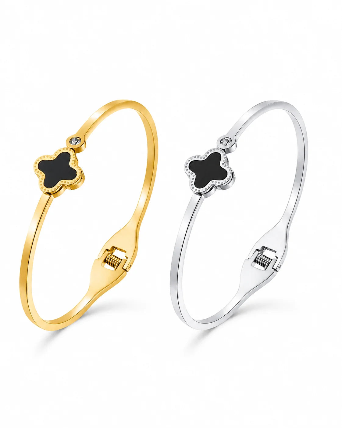 Cleo Armreif aus 316L Edelstahl mit schwarzem Kleeblatt in Gold und Silber
