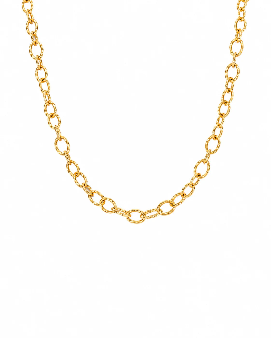 Strukturierte Gliederkette aus Titanstahl, erhältlich in Gold und Silber, ideal zum alleinigen Tragen oder in Kombination mit Charms