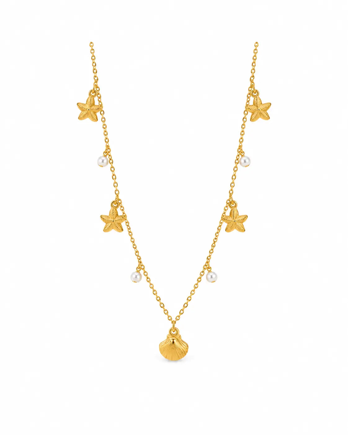Coralie goldene Muschel Halskette mit Seestern Motiven und Kunstperlen