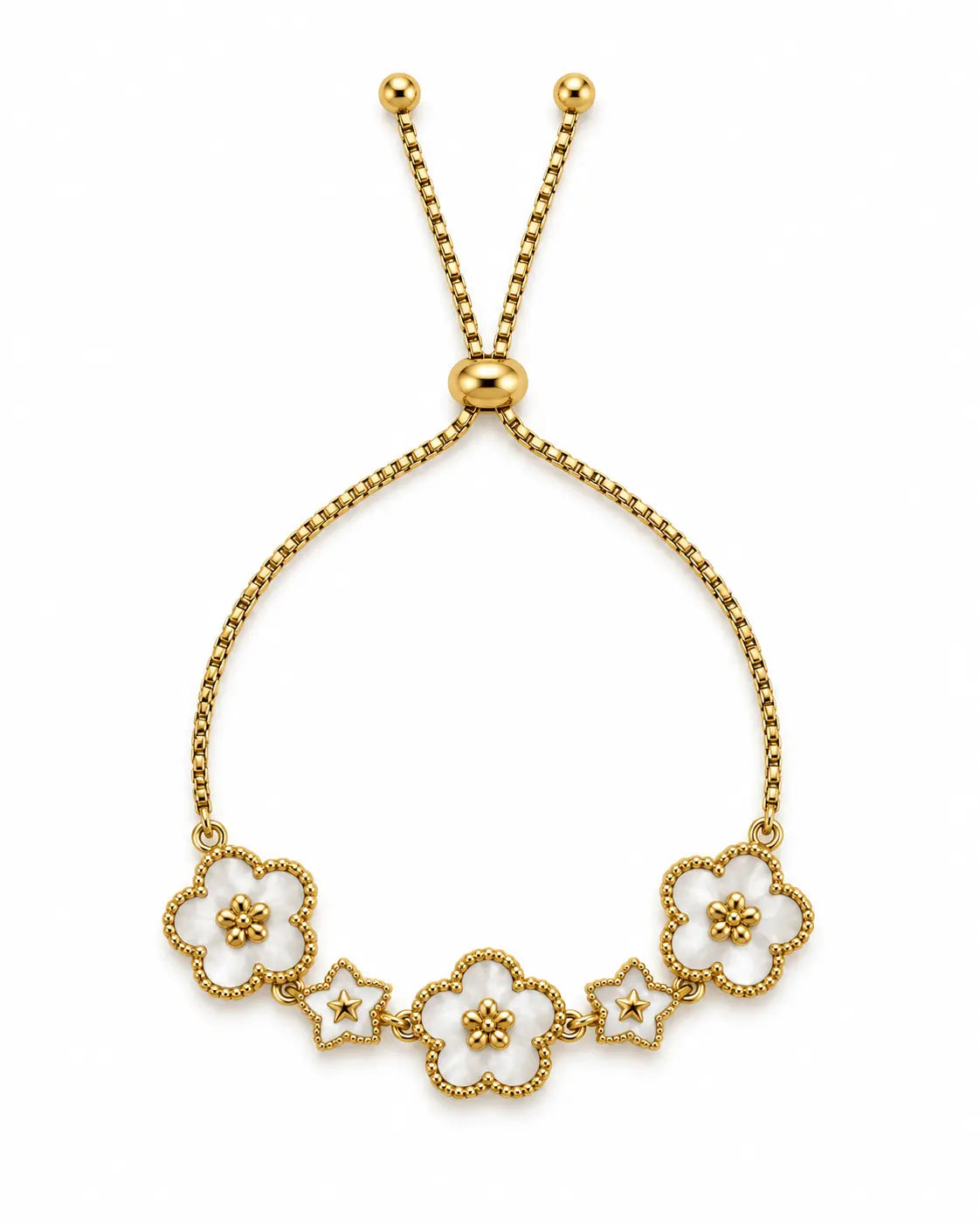 Goldenes Blumen Armband mit weißen Emaille-Blüten und verstellbarem Schiebeverschluss