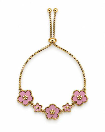 Rosa Blumen Armband aus 18K vergoldetem Edelstahl mit Emaille-Blüten