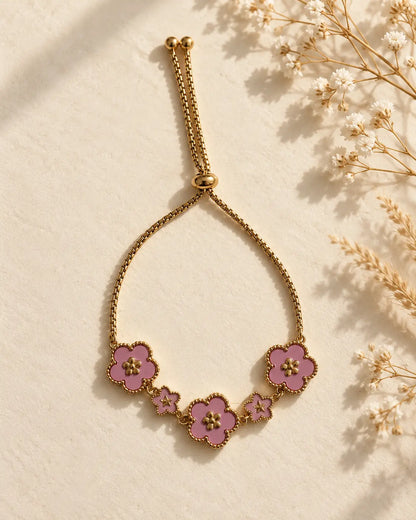 Rosa Blumen Armband aus 18K vergoldetem Edelstahl mit Emaille-Blüten