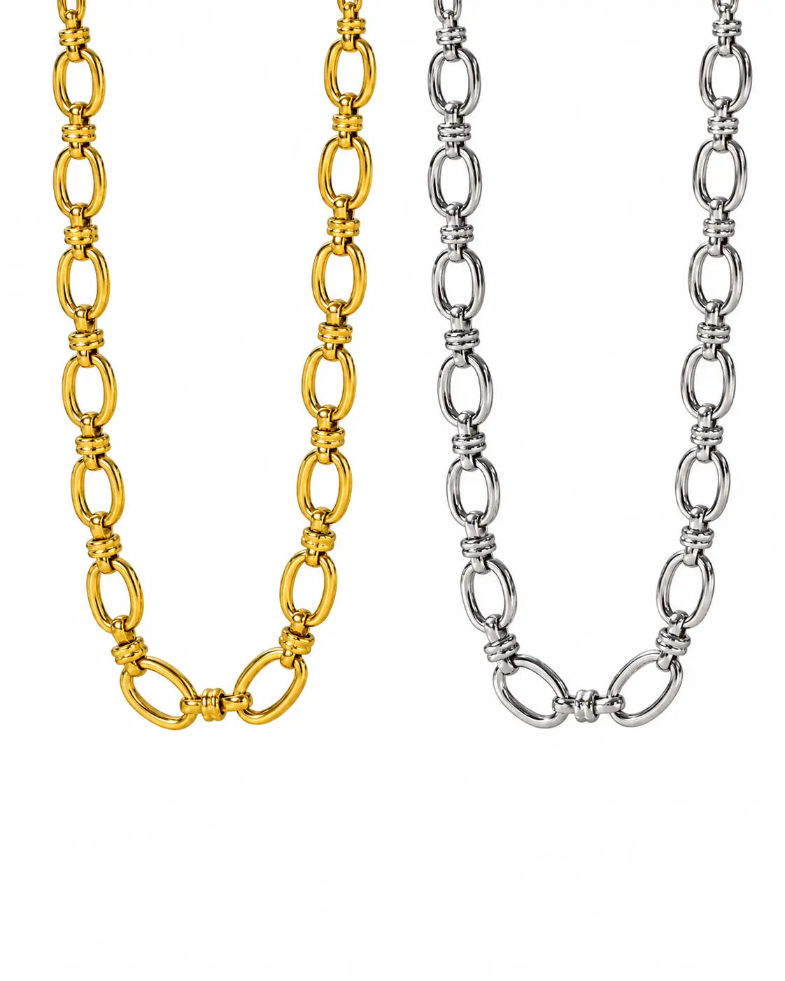 Elodie Gliederkette in Gold und Silber aus Edelstahl mit ovalen Gliedern und dekorativen Ringverbindungen auf Weiß