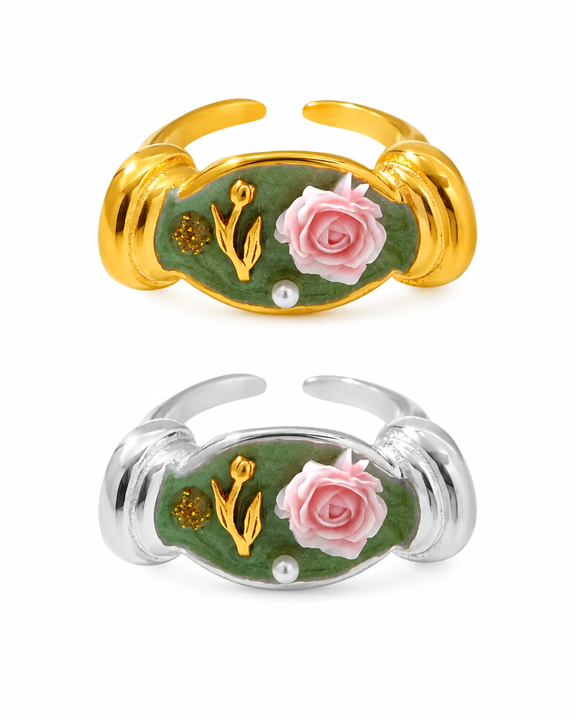 Detaillierter Elowen's Secret Garden Ring aus vergoldetem Edelstahl mit grüner Emaille, einer rosa Rose und einer Perle