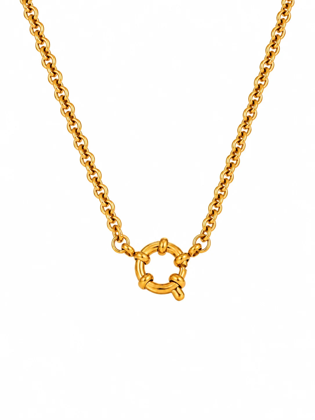 Endless Link Kette aus Titanstahl mit großem, strukturierten Ring-Verschluss auf der Vorderseite, erhältlich in Gold und Silber