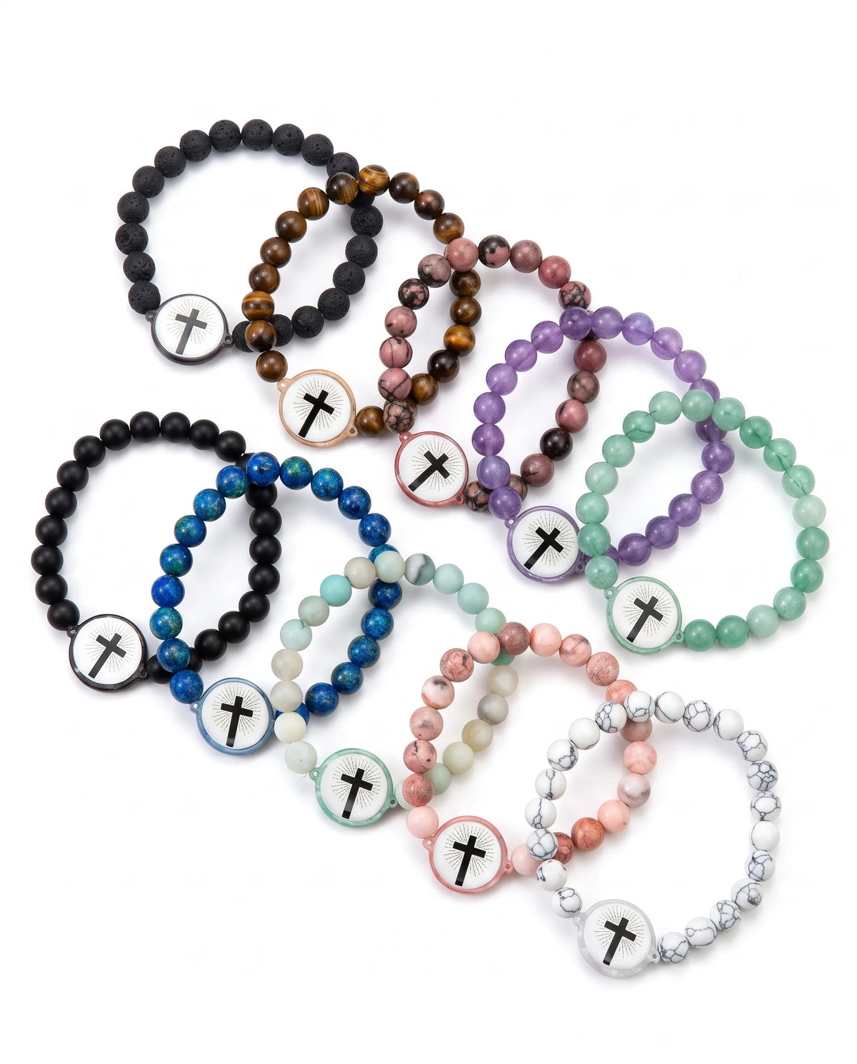 FaithLink NFC Armband aus Naturstein in verschiedenen Farben mit Kreuzanhänger