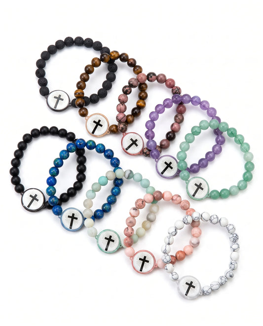 FaithLink NFC Armband aus Naturstein in verschiedenen Farben mit Kreuzanhänger