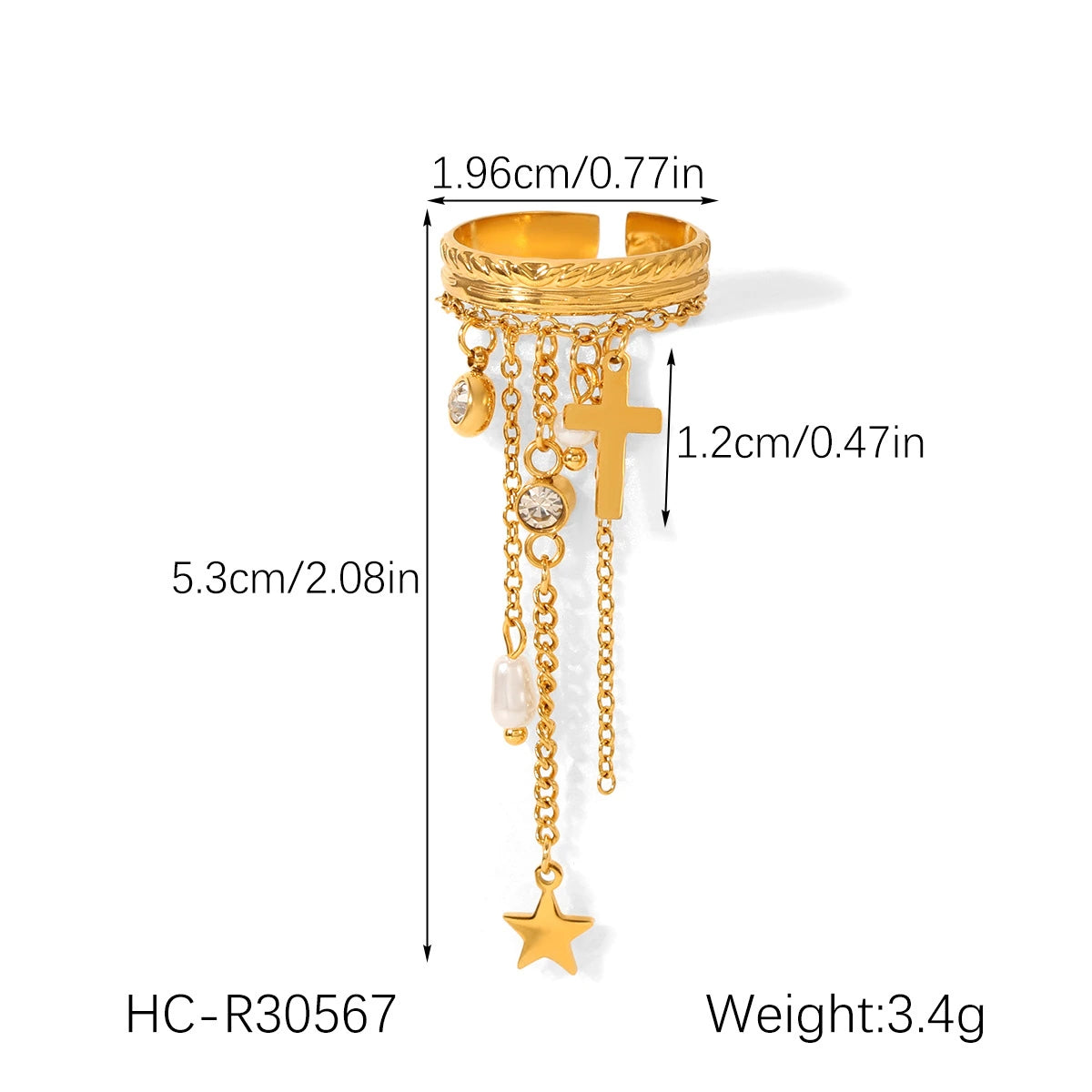 Goldener Edelstahlring mit Kettchen-Anhängern – Kreuz, Stern, Perle und Zirkonia – im Boho-Look, verstellbar