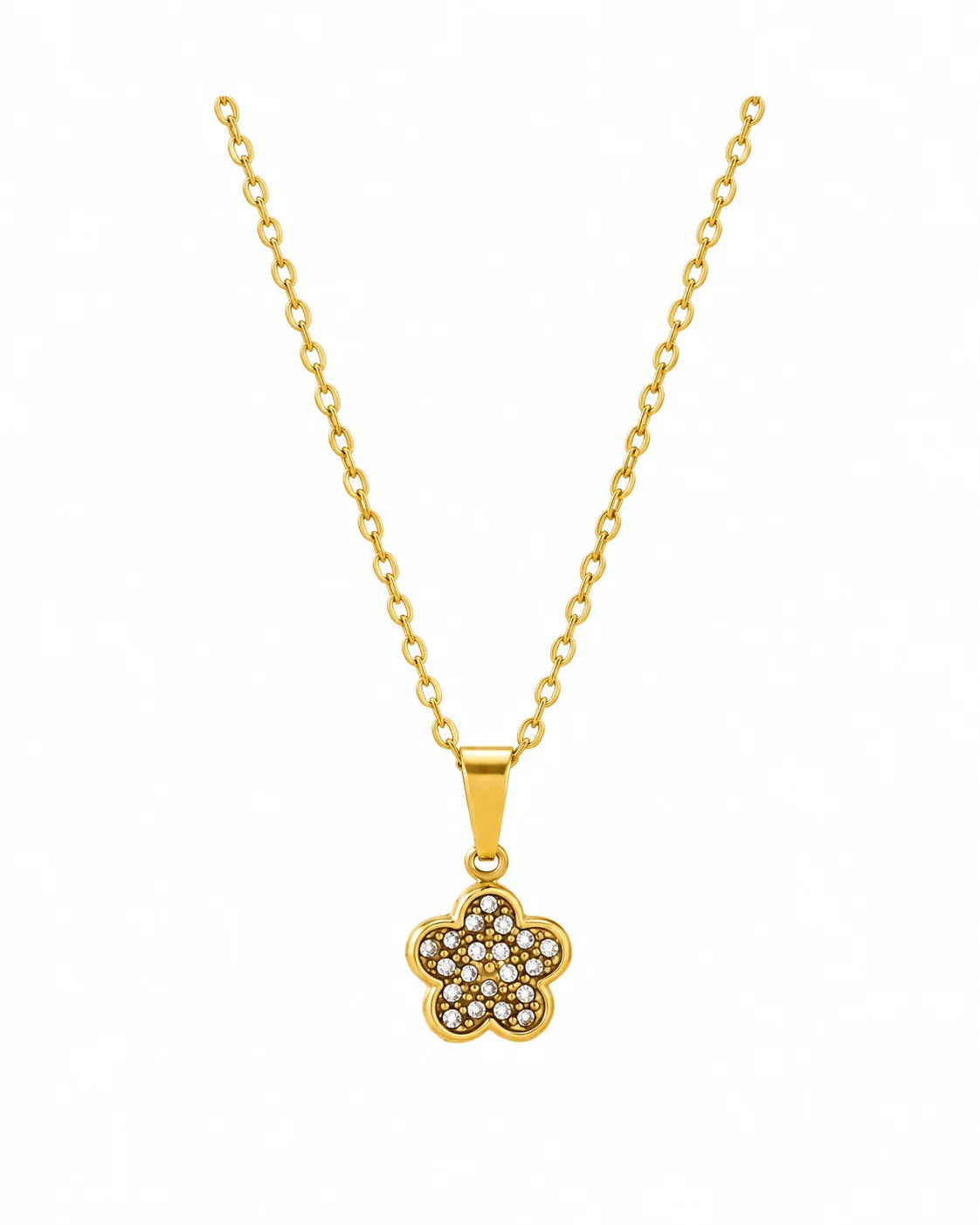 Goldene Flora Blütenkette aus 18K vergoldetem Edelstahl mit Zirkonia-Anhänger auf weißem Hintergrund