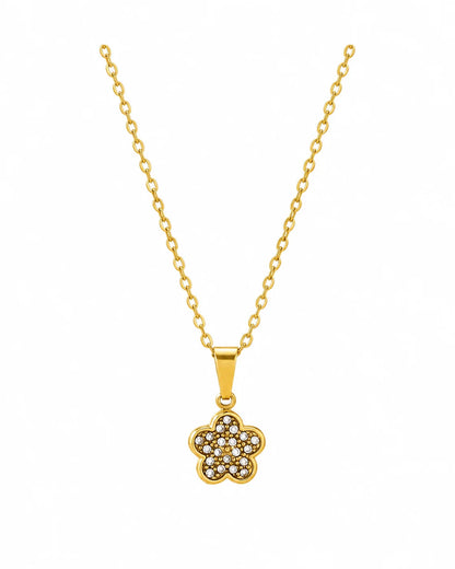 Goldene Flora Blütenkette aus 18K vergoldetem Edelstahl mit Zirkonia-Anhänger auf weißem Hintergrund