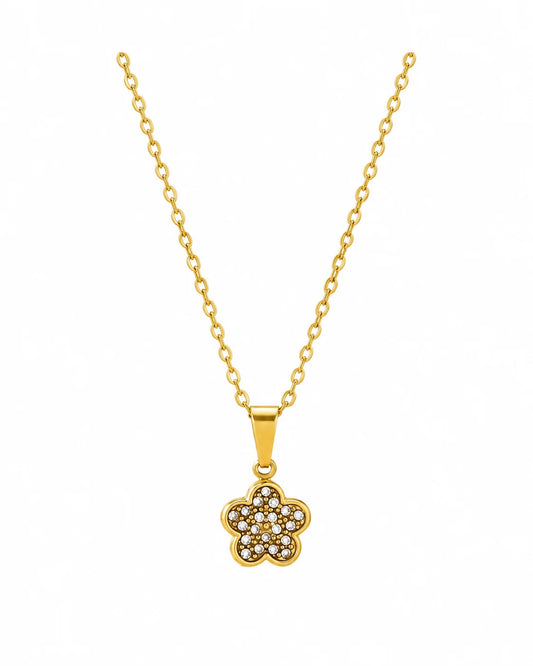 Goldene Flora Blütenkette aus 18K vergoldetem Edelstahl mit Zirkonia-Anhänger auf weißem Hintergrund