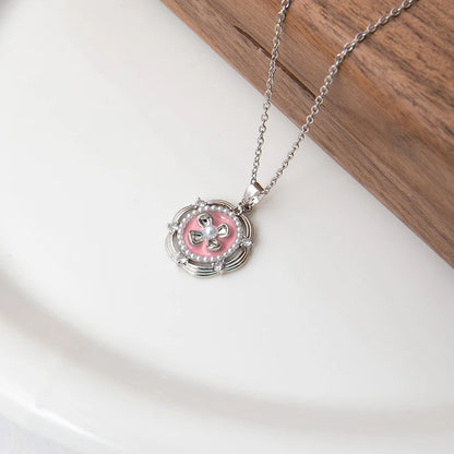 Silberne Titanstahl-Halskette "Flora" mit rundem Medaillon-Anhänger, rosa Emaille, Blumen-Motiv und Perle