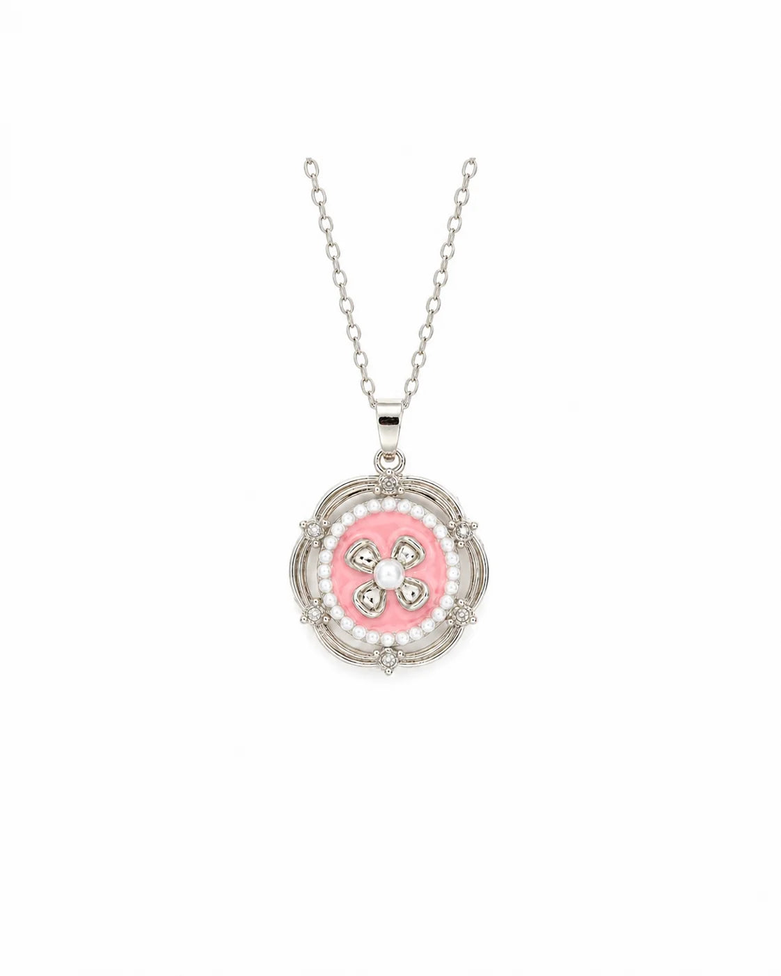 Flora Halskette mit rosa Blumenanhänger und Größenangaben