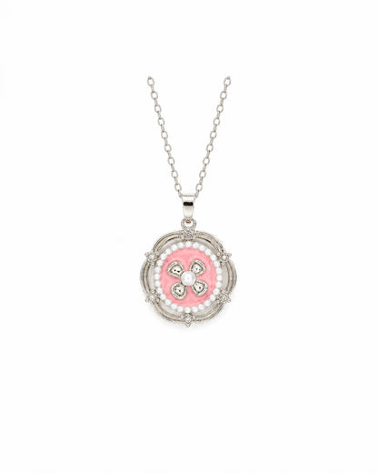 Flora Halskette mit rosa Blumenanhänger und Größenangaben