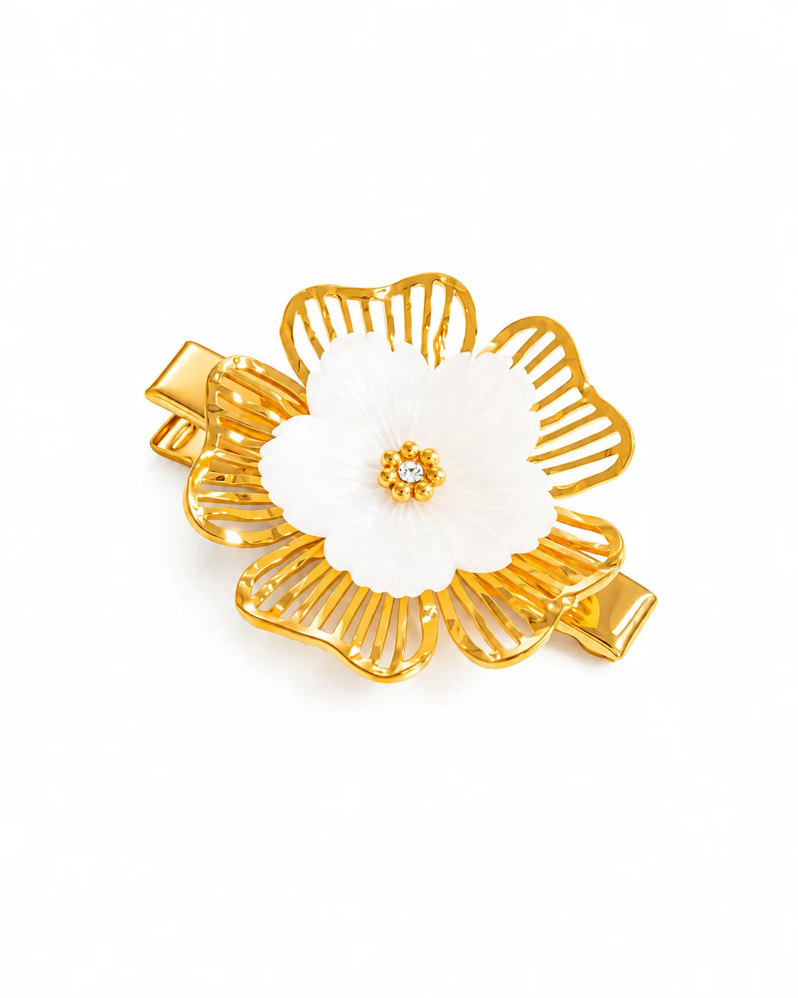Goldene Blumen Haarspange mit weißer Blüte und Zirkonia