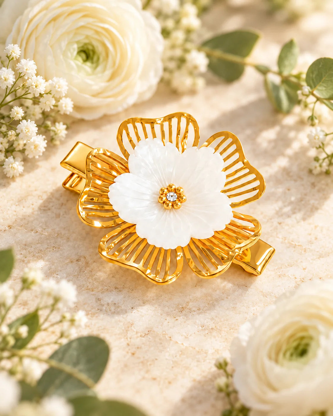 Florale goldene Haarspange mit weißer Blüte