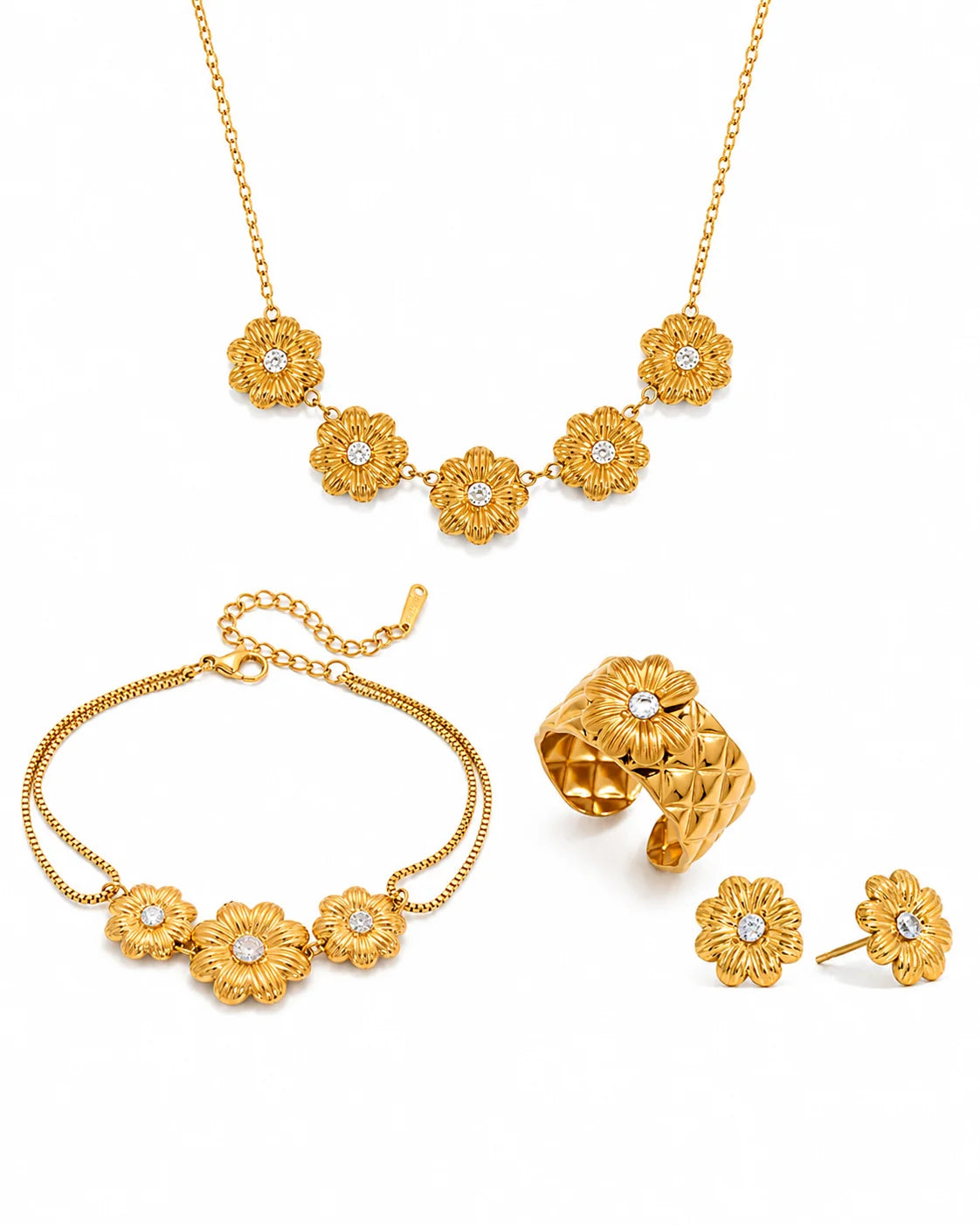 Goldenes Blumen Schmuckset mit Halskette Armband Ohrringen und Ring