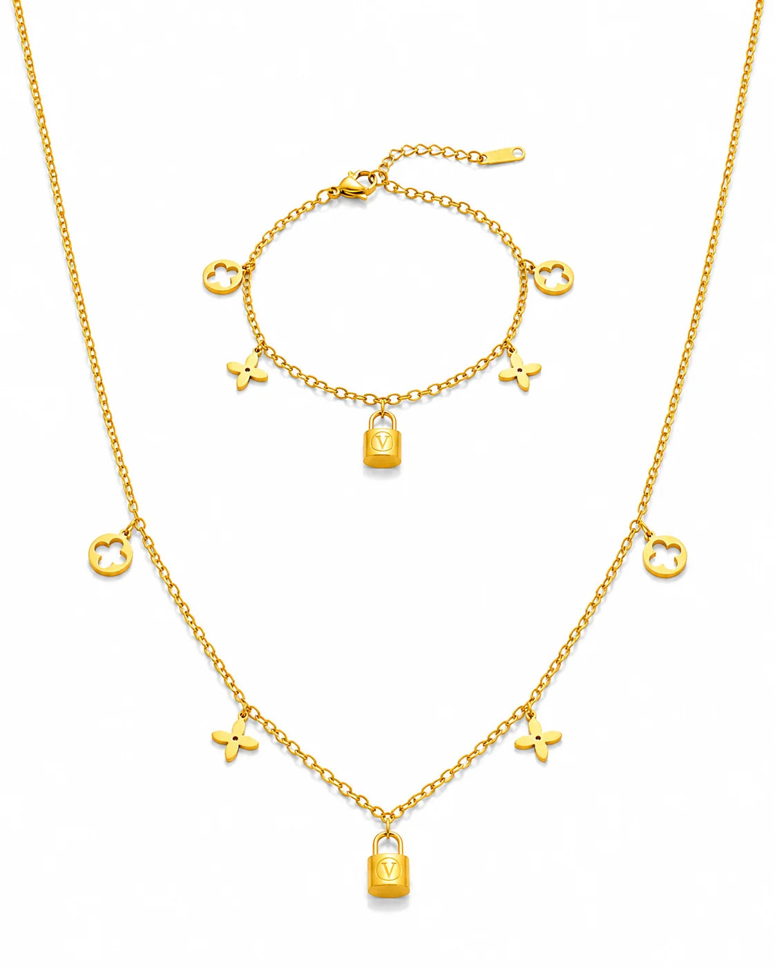 Goldenes Schmuckset aus Titanstahl bestehend aus Halskette und Armband mit Kleeblatt- und Schloss-Anhängern