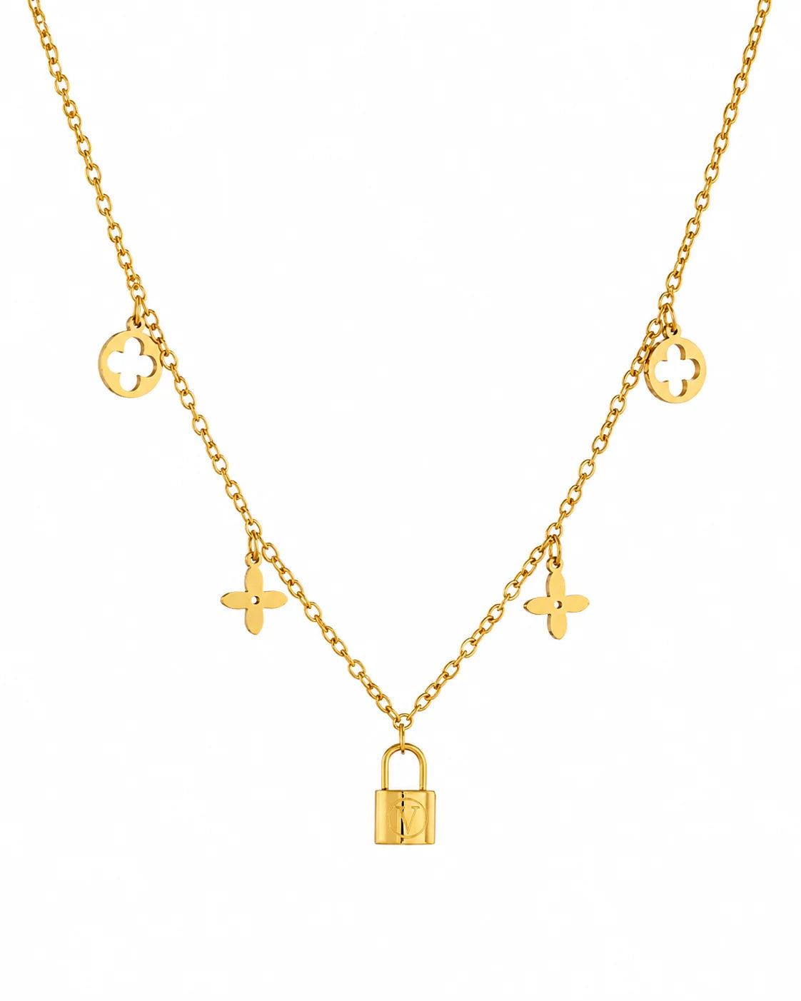 Goldenes Schmuckset aus Titanstahl bestehend aus Halskette und Armband mit Kleeblatt- und Schloss-Anhängern