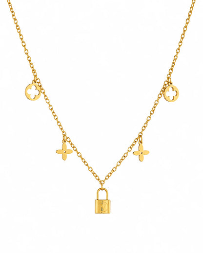 Goldenes Schmuckset aus Titanstahl bestehend aus Halskette und Armband mit Kleeblatt- und Schloss-Anhängern