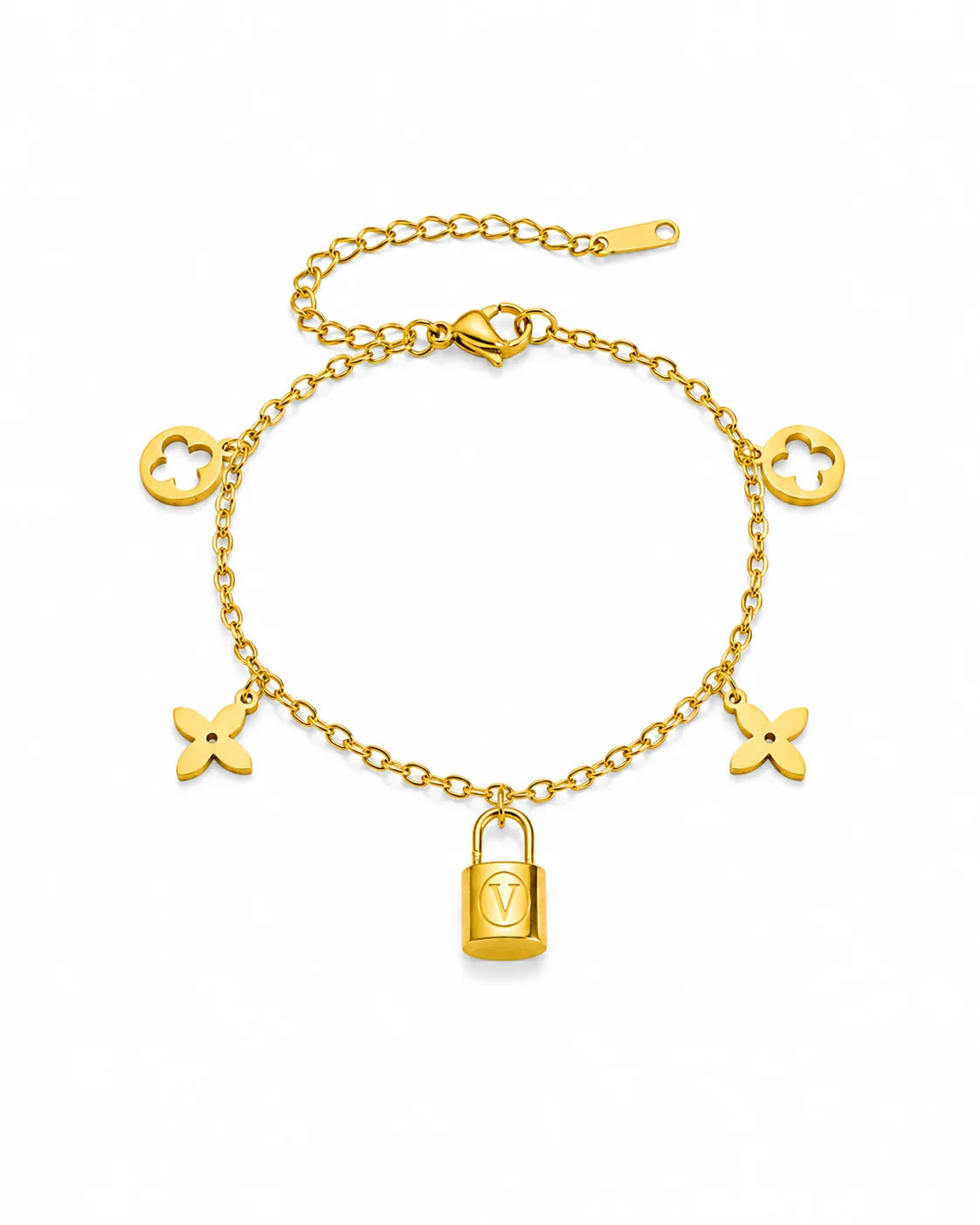 Goldenes Schmuckset aus Titanstahl bestehend aus Halskette und Armband mit Kleeblatt- und Schloss-Anhängern