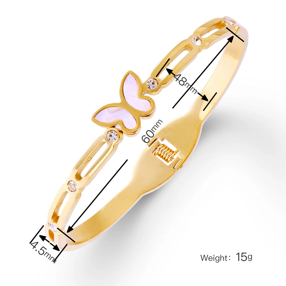 Goldenes Schmetterlingsarmband aus Edelstahl mit Acryl-Inlay und Strass, glänzend vergoldet