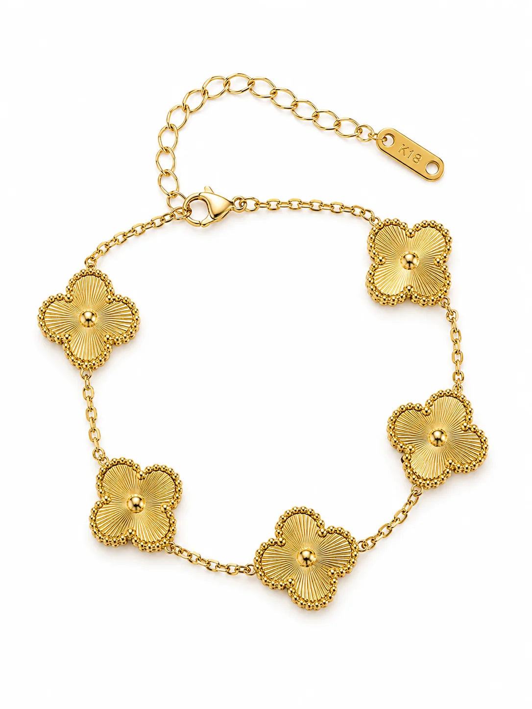 Goldenes Sonnen-Kleeblatt Armband aus 18K vergoldetem Titanstahl mit fünf strukturierten Kleeblatt-Motiven 