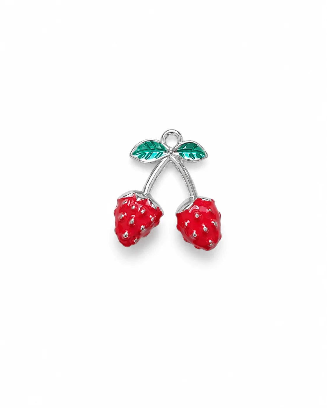 Silberner Anhänger aus reinem Titanstahl in Form von zwei roten Erdbeeren mit grünen Blättern aus Emaille für personalisierbare Armbänder und Ketten