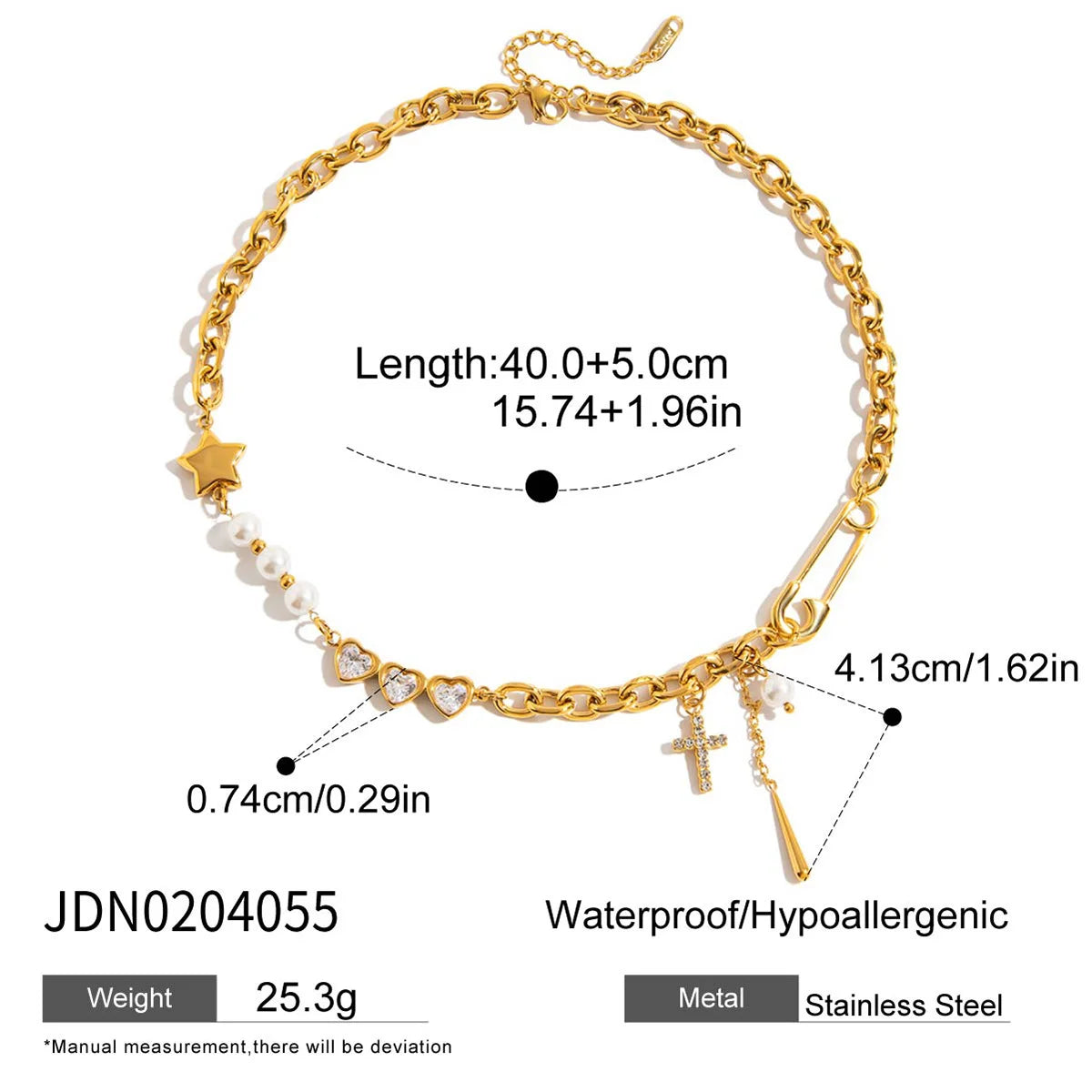 Goldene Statement-Halskette "Harper" aus Edelstahl mit Sicherheitsnadel, Kreuz, Perlen, Stern und Zirkonia-Herzen