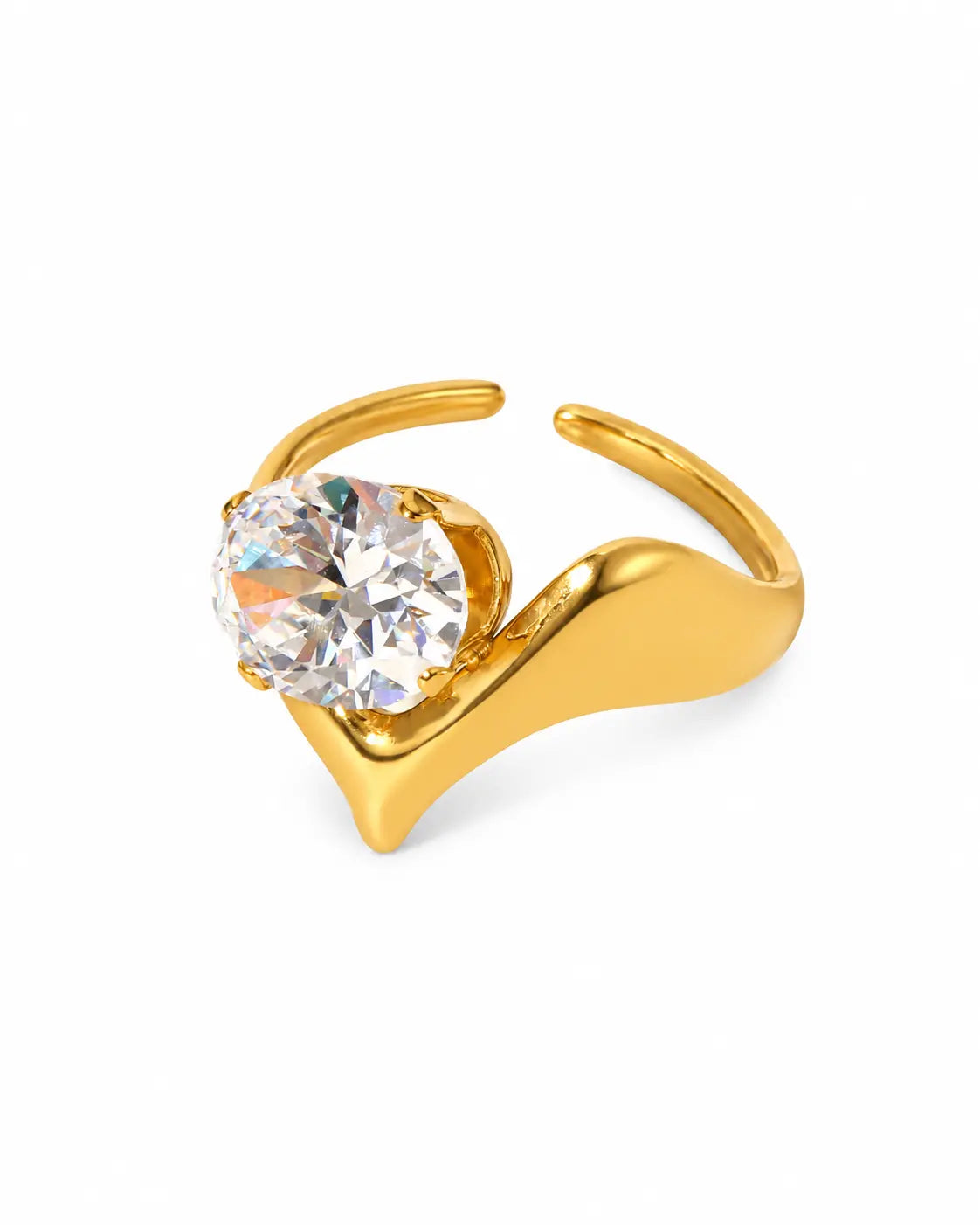 Herzflamme goldener Zirkonia Ring mit großem klarem Stein und offenem Design
