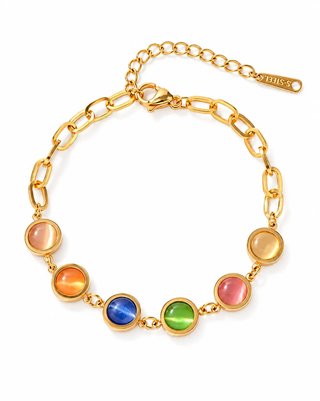 Iris goldenes Katzenauge Armband mit bunten runden Steinen aus Edelstahl