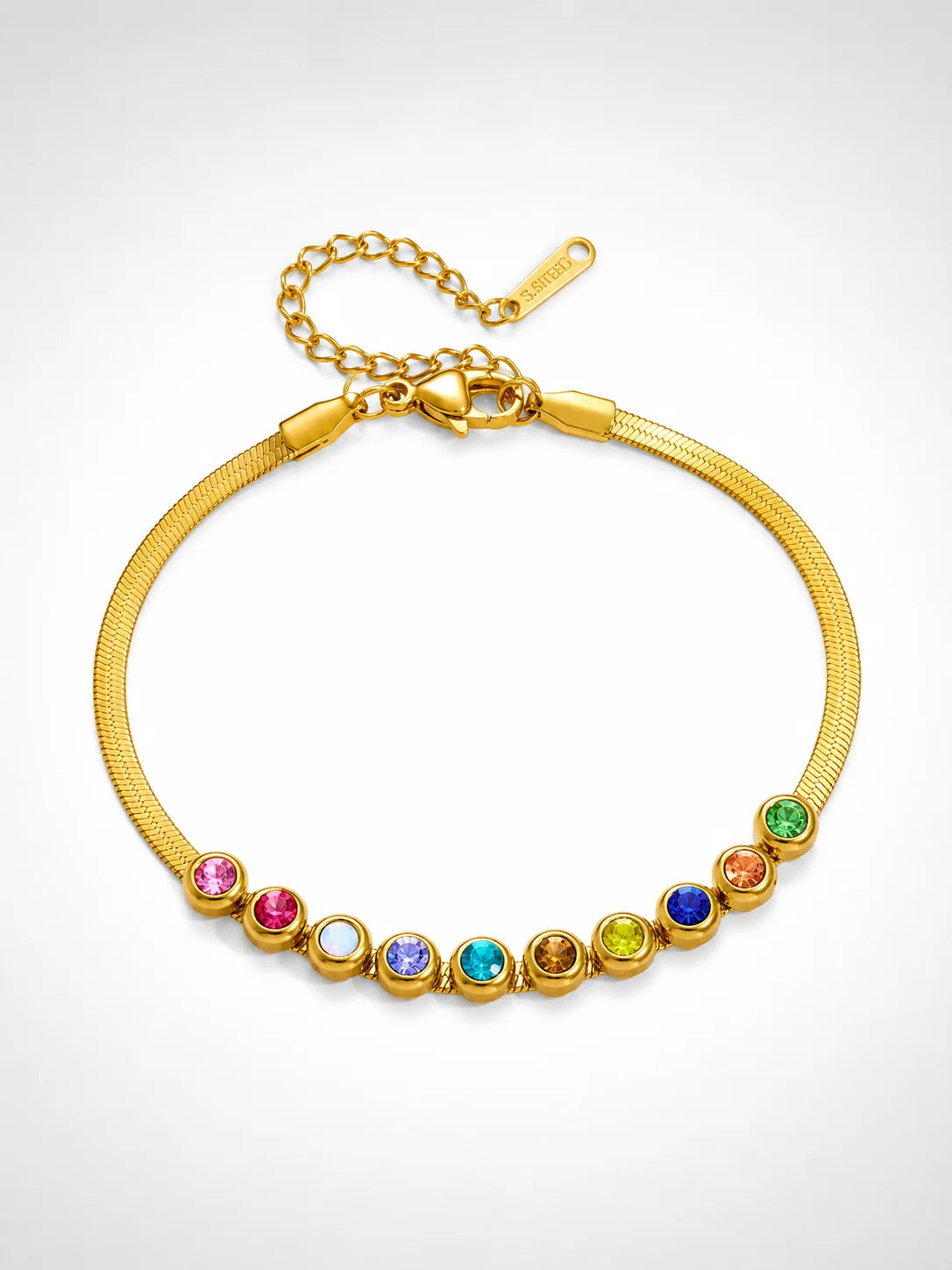 Elegantes Jade's Prism Sparkle Bracelet aus 18K vergoldetem Titanstahl mit bunten Zirkonia-Steinen auf einer Schlangenkette