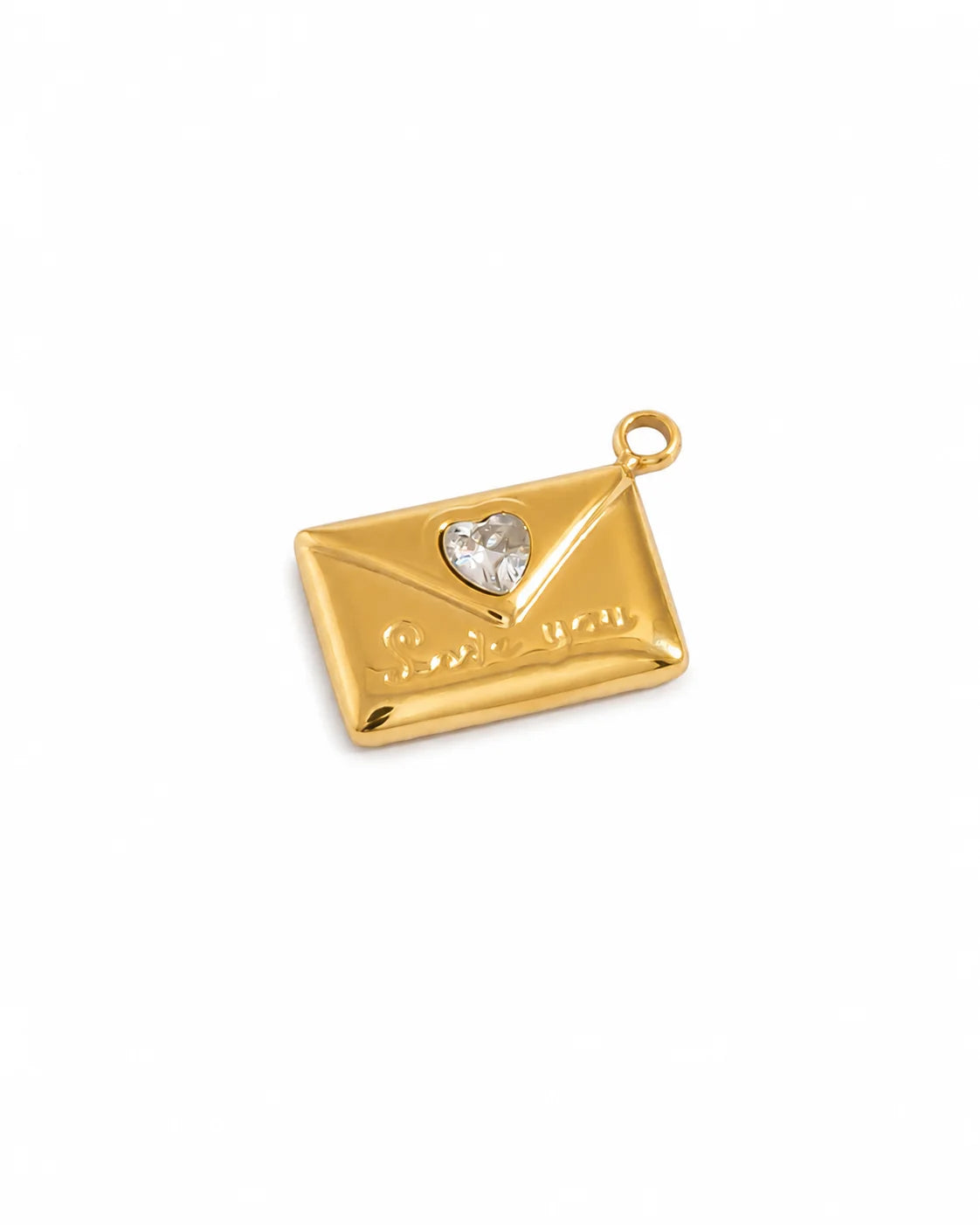 Goldener Anhänger aus 18K vergoldetem Titanstahl in Form eines Briefumschlags mit "Love you" Prägung und einem herzförmigen Zirkonia-Kristall als Siegel für personalisierbare Armbänder und Ketten
