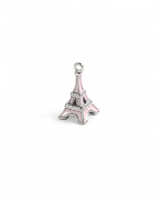 Juliette Eiffelturm Charm aus Titanstahl in Silberoptik mit rosa Emaille