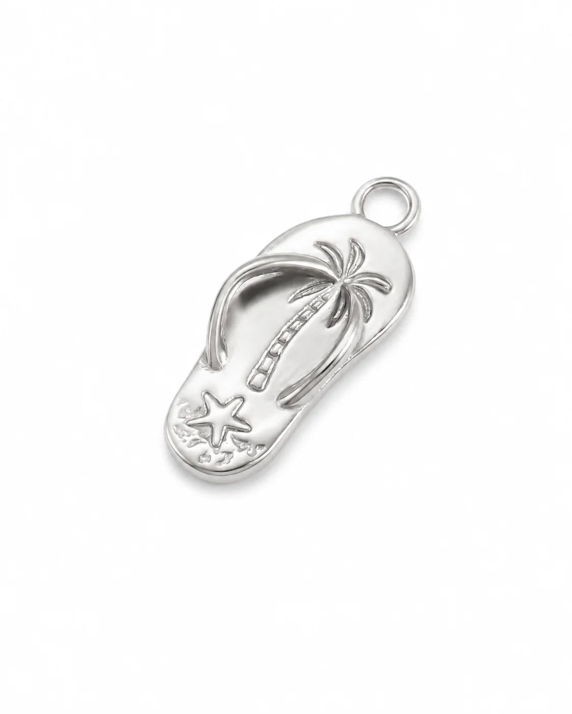 Silberner Anhänger aus reinem Titanstahl in Form eines Flip-Flops, verziert mit einem geprägten Palmen- und Seestern-Motiv für personalisierbare Armbänder und Ketten