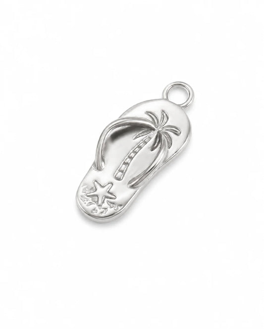 Silberner Anhänger aus reinem Titanstahl in Form eines Flip-Flops, verziert mit einem geprägten Palmen- und Seestern-Motiv für personalisierbare Armbänder und Ketten