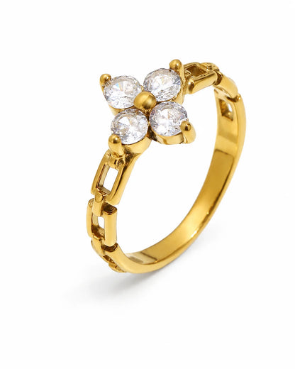 Kristall Kleeblatt Ring aus vergoldetem Titanstahl mit klaren Zirkonia