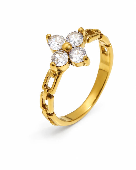 Kristall Kleeblatt Ring aus vergoldetem Titanstahl mit klaren Zirkonia