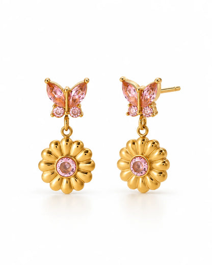 Lina goldene Schmetterling Ohrringe mit rosa Zirkonia und Blumenanhänger