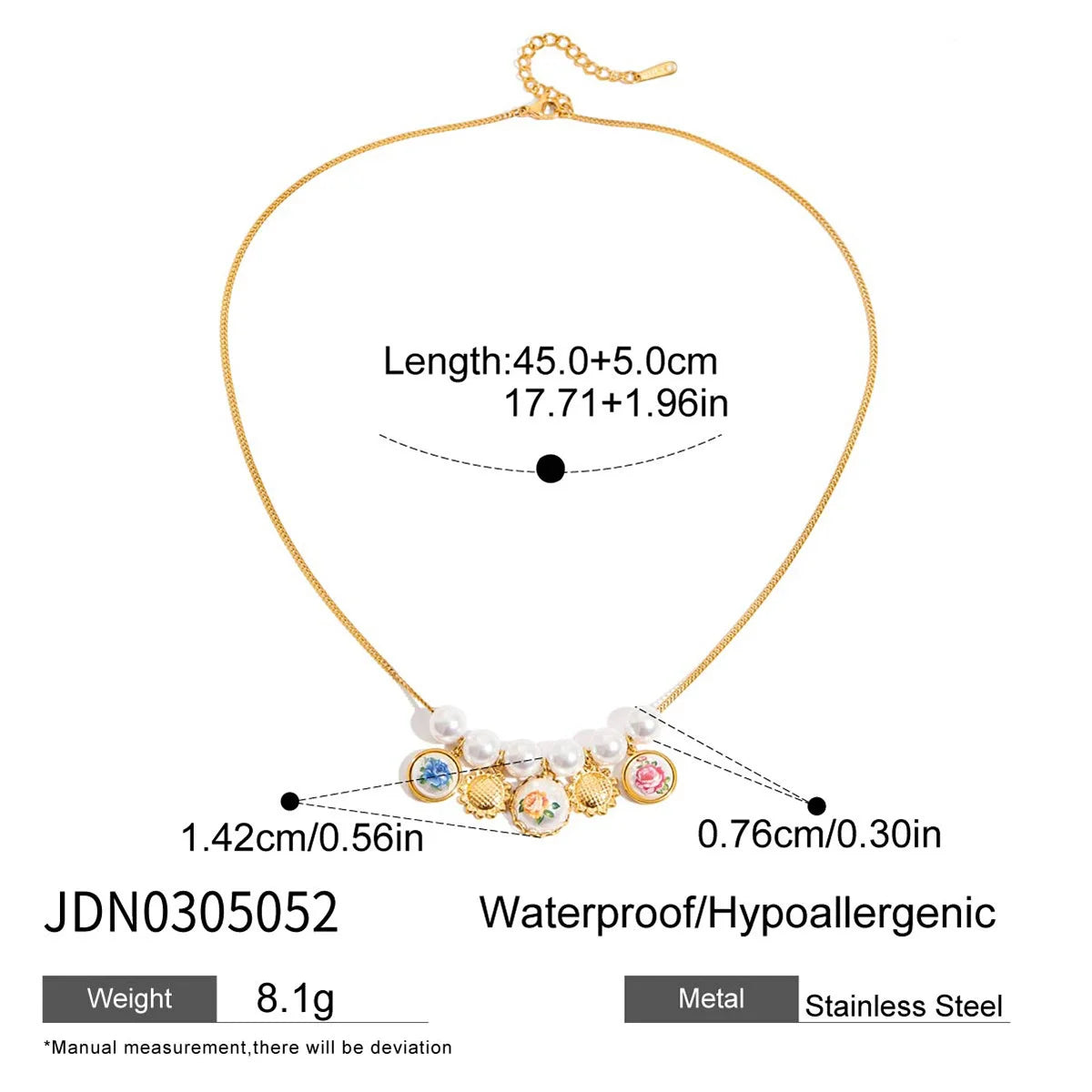 Goldene Halskette "Linnea" aus Edelstahl mit Perlen und Vintage-Blumen-Medaillons