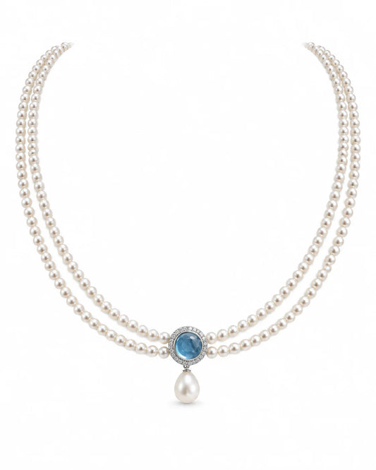 Double-strand pearl necklace with natural aquamarine