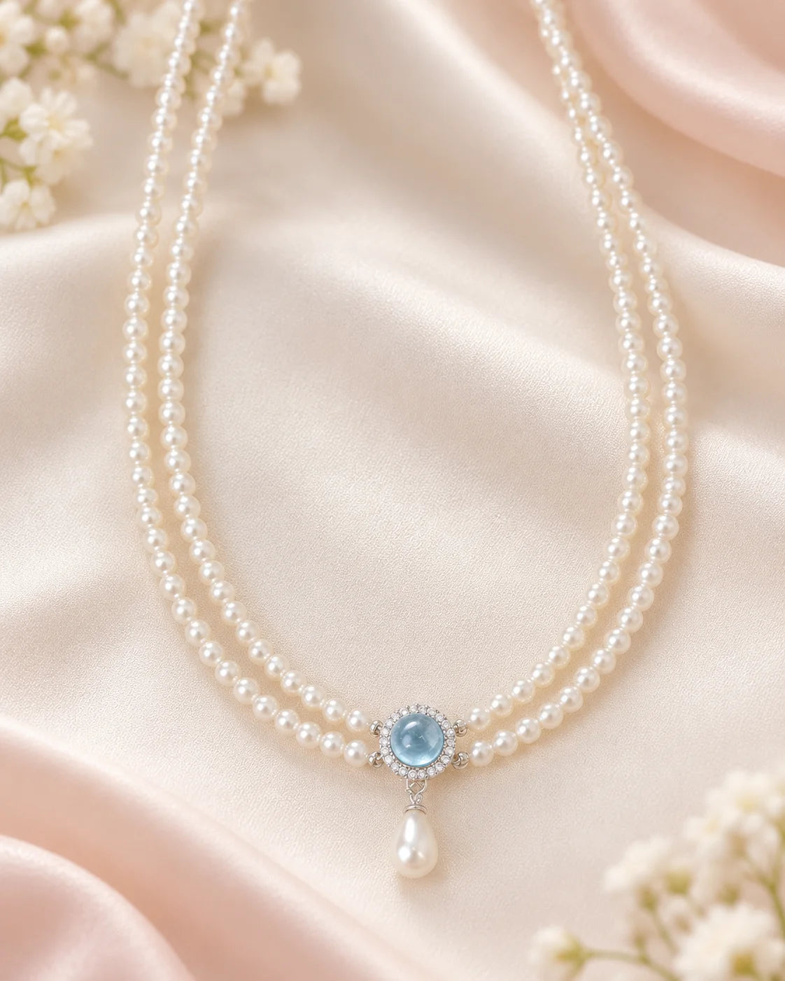 Elegante Perlenkette mit Aquamarin im Doppelstrang Design
